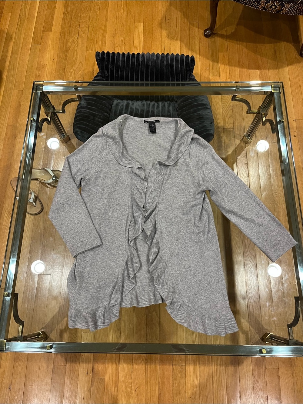 89th & Madison Gray Ruffle-Front Open Cardigan